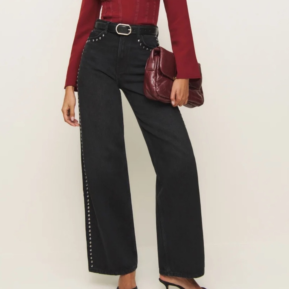 Reformation Black Stud-Trim Wide-Leg Jeans - Picture 2 of 14